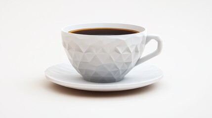 A white coffee cup with a white saucer sits on a white table. The cup is filled with coffee, and the saucer is empty. Concept of calm and relaxation