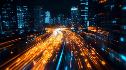 Obraz premium A city street at night with a lot of traffic and bright lights. Concept of energy and movement, as well as the hustle and bustle of urban life