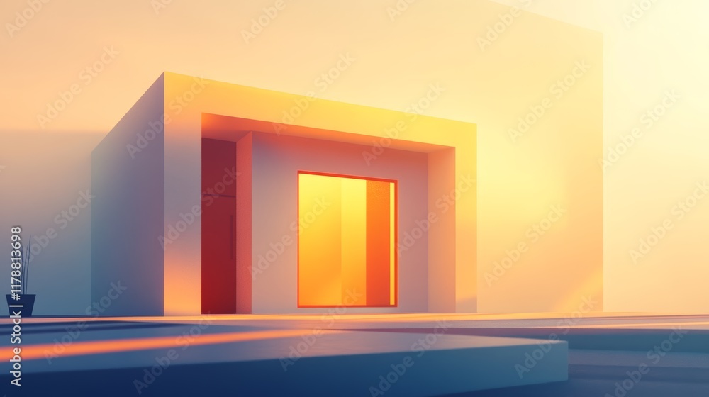 Aufkleber a white building with a red door and a window. the window is open and the sun is shining through it