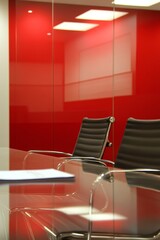 A red wall with a glass window and two black chairs facing each other. The chairs are empty and the table is clear