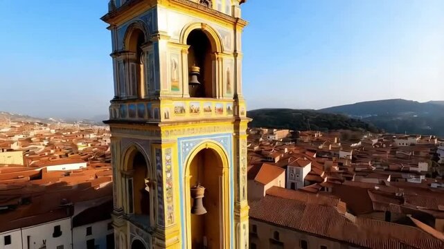 A drone capturing a clockwise flight around the bell tower of a historic church in Caltagirone, Sicily