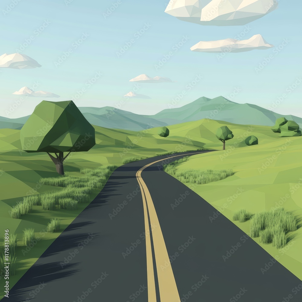 Poster a road with a tree on the side and a mountain in the background. the road is empty and the sky is cl