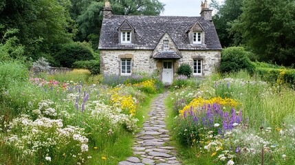 Fototapeta premium Stone Cottage Garden: A quaint stone cottage nestled amidst a vibrant wildflower garden, a stone path leading towards its charming entrance, exudes a sense of tranquility and rustic charm. 