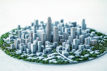 Obraz premium Detailed miniature model of a futuristic city with skyscrapers and lush green areas, showcasing urban planning and architectural design.