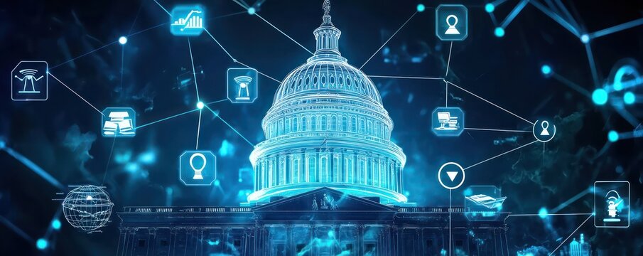 AI icons illustrate public sector enhancements, including e-governance and record automation.