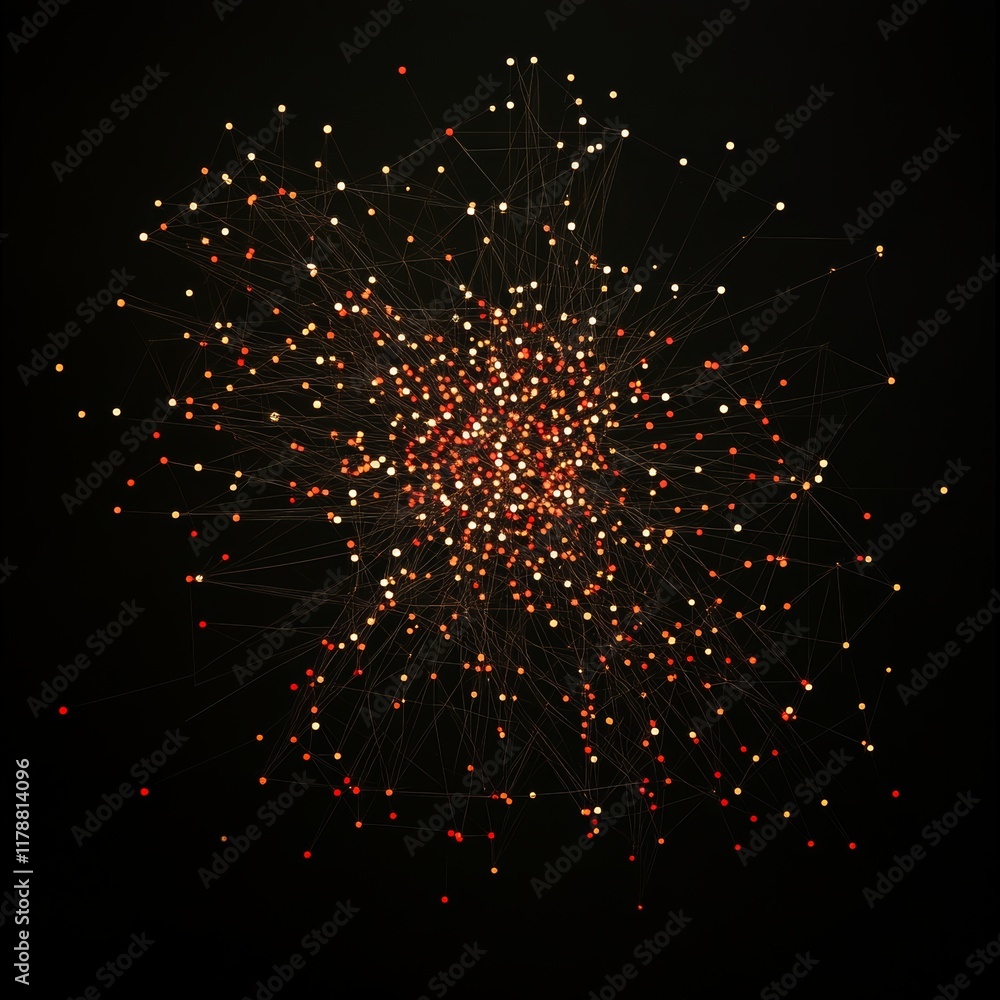 Poster abstract network of data points on a dark background, representing connections and relationships