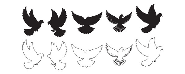 Fototapeta premium flying dove silhouette vector, Birds icon set, animal vector, Pigeon silhouette | vector silhouette illustration on white background, dove logo vector icon illustration, logo template