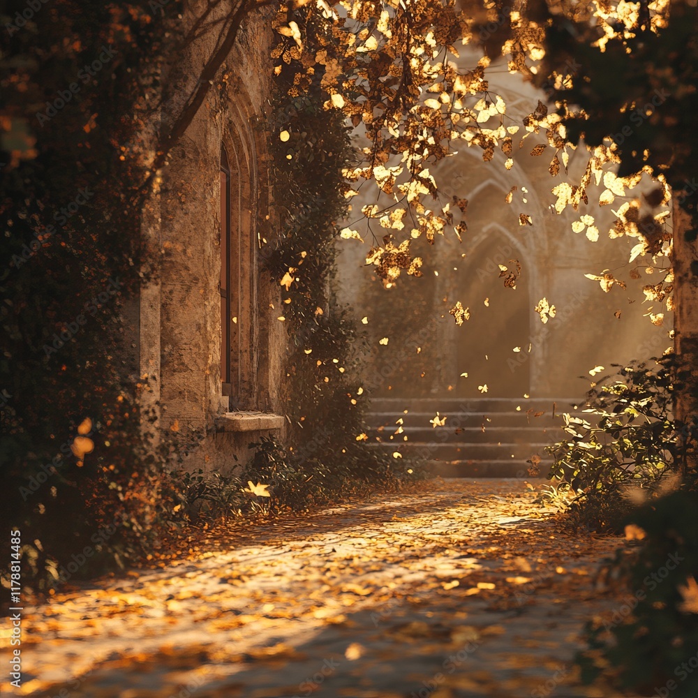 Poster a beautiful autumn pathway blanketed with golden leaves, softly illuminated by sunlight filtering th