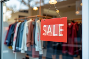 Retail Store Sale Sign in Window Display with Clothing Discount Offer