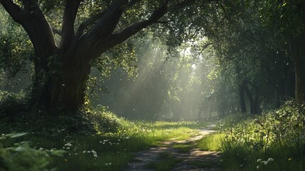 Obraz premium A serene forest scene showcasing a sunlit path winding through lush greenery. Soft sunlight filters through the trees, creating a tranquil ambiance perfect for nature lovers.