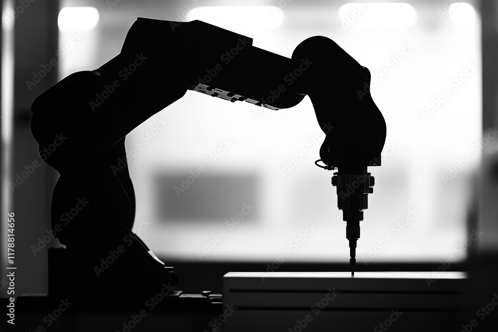 Poster silhouette of a robotic arm in a modern factory setting, showcasing advanced automation and precisio