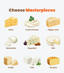 Cheese Masterpieces Vector Collection Featuring 9 Exquisite Cheese Types for Gourmet Food and Creative Projects