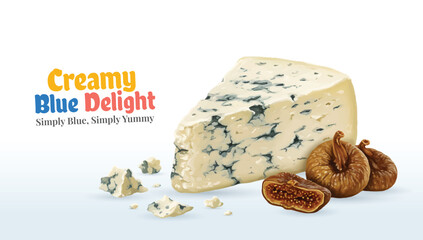 Blue Cheese Slice Vector with Crumbled Pieces and Dried Figs for Gourmet Food Designs