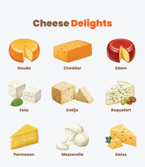Cheese Delights Vector Collection Featuring 9 Popular Cheese Types for Gourmet and Creative Food Designs