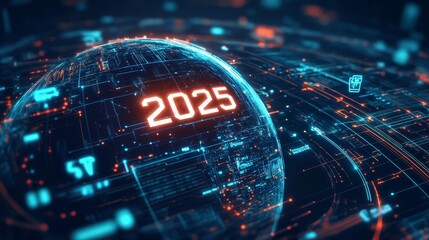 A digital globe with "2025" glowing above it, surrounded by green technology icons