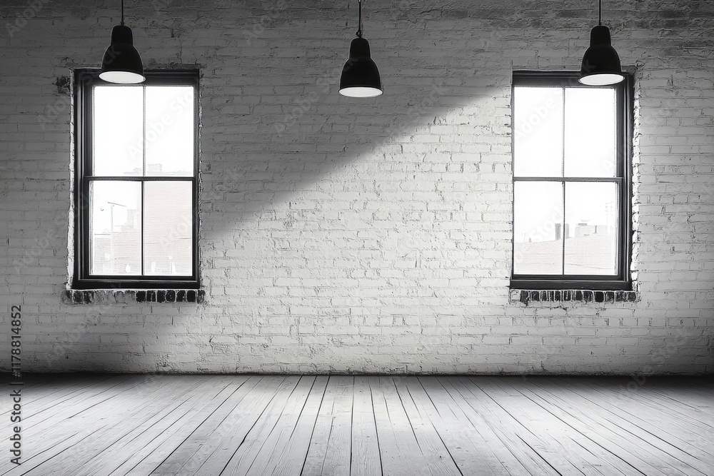 Poster a minimalist empty room with large windows and natural light in a modern industrial style setting