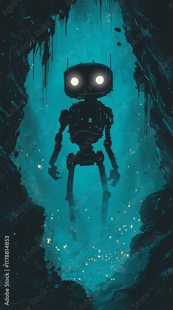 Poster robot is standing in a cave with a blue background. the robot is looking at the camera