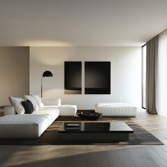 A sleek, minimalist living room with a white sofa, large windows, and contemporary decor, showcasing natural light and modern design.