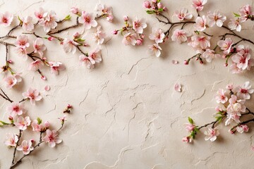 A beautiful pastel pink and white cherry blossom background with delicate petals in soft focus, set against a light cream backdrop, creating an elegant spring atmosphere for product display or promoti
