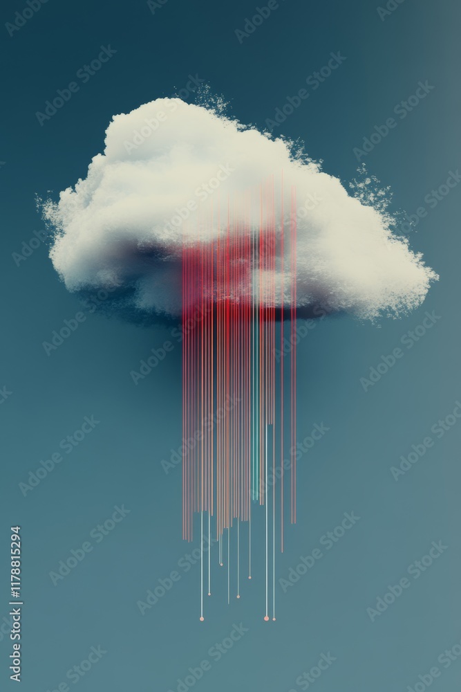 Aufkleber This abstract artwork features a fluffy cloud emitting colorful rain strokes, creating a surreal and modern visual experience on a minimalist backdrop.