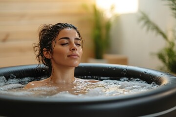 A woman is in a bathtub with bubbles and is smiling