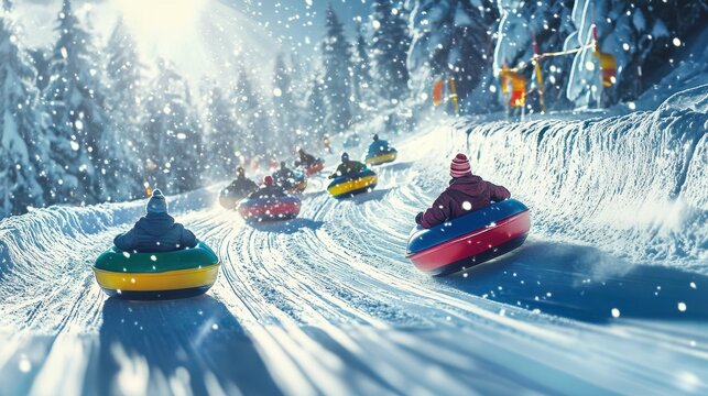 Exciting Snow Tubing Race with Competitors in Winter Landscape