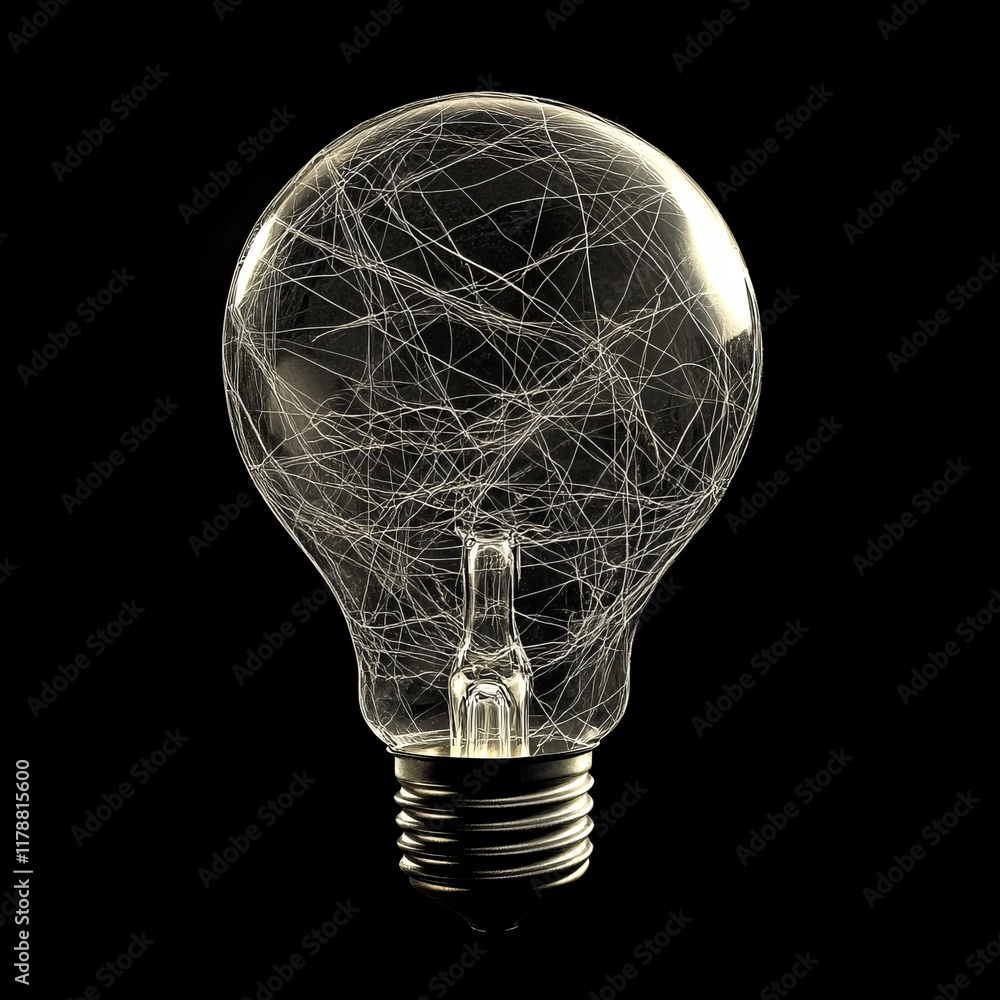 Poster light bulb with a web of lines inside of it. the bulb is lit up and the lines are glowing