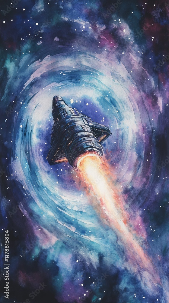 Poster a dynamic illustration of a spaceship navigating through a vibrant cosmic vortex, surrounded by star
