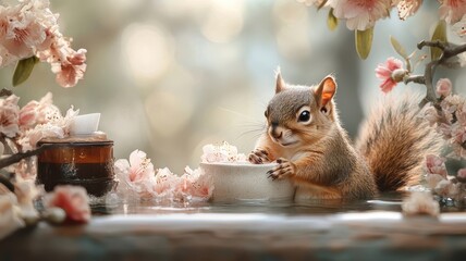 A squirrel relaxing in a luxurious spa surrounded by exotic flowers and soothing water, enjoying a serene and pampered environment.