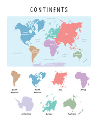 Fototapeta premium Continents. World Map and Its Division into Continents with soft colorful. Suitable for website layout, background, education, customizable, Travel around the world, map silhouette background, earth g