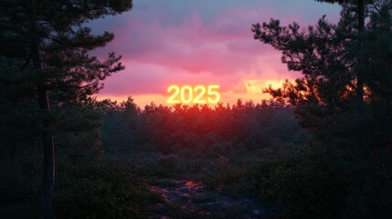 A glowing "2025" hovering above a serene forest landscape at sunset