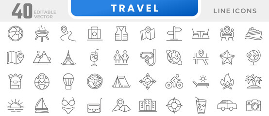 Travel line icon set. Map pin, gps, destination, directions, distance, place, travel, ticket, vector, beach, summer, navigation line icon set. Ui thin line icon pack.