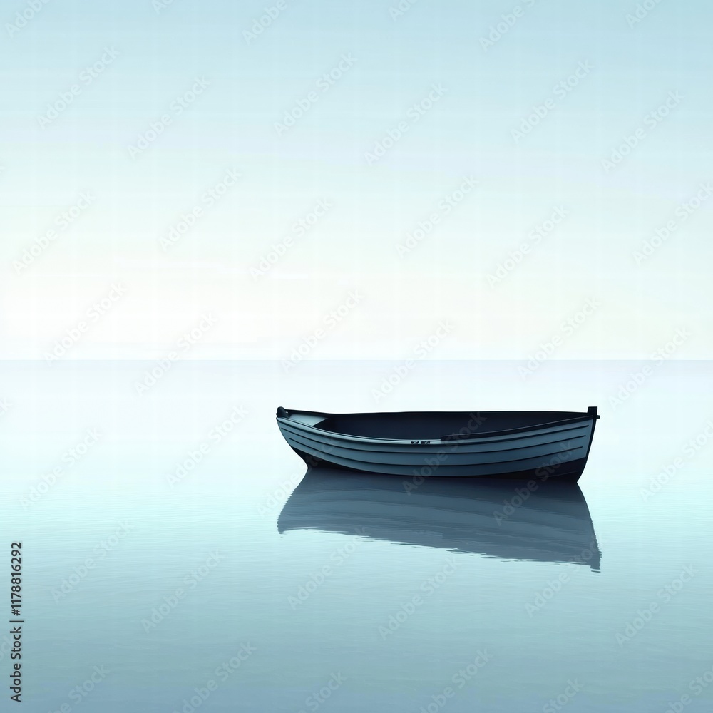Poster Serene boat silhouette on calm water with soft reflections and ample copy space for text. Generative AI
