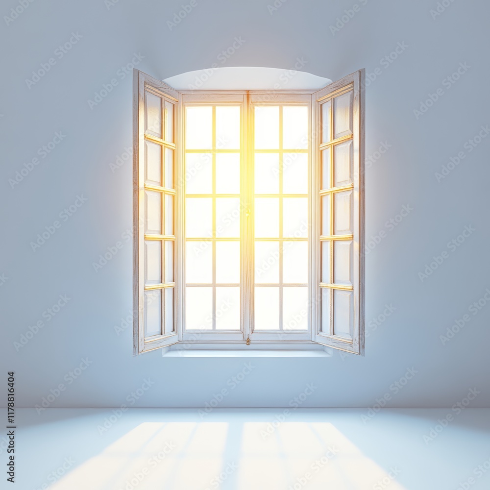 Poster bright sunlight streaming through an open window, illuminating a minimalist room with soft shadows a