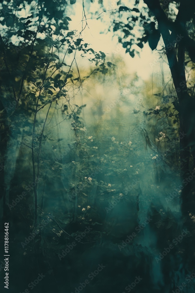 Poster captivating image of a mystical forest with soft light filtering through lush greenery, creating an 