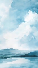 Fototapeta premium A calming watercolor painting depicting a peaceful landscape with mountains and a reflective sky in soothing blue hues.