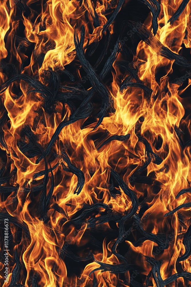 Poster abstract image of vibrant flames intertwined with dark shapes, creating a dynamic and intense visual