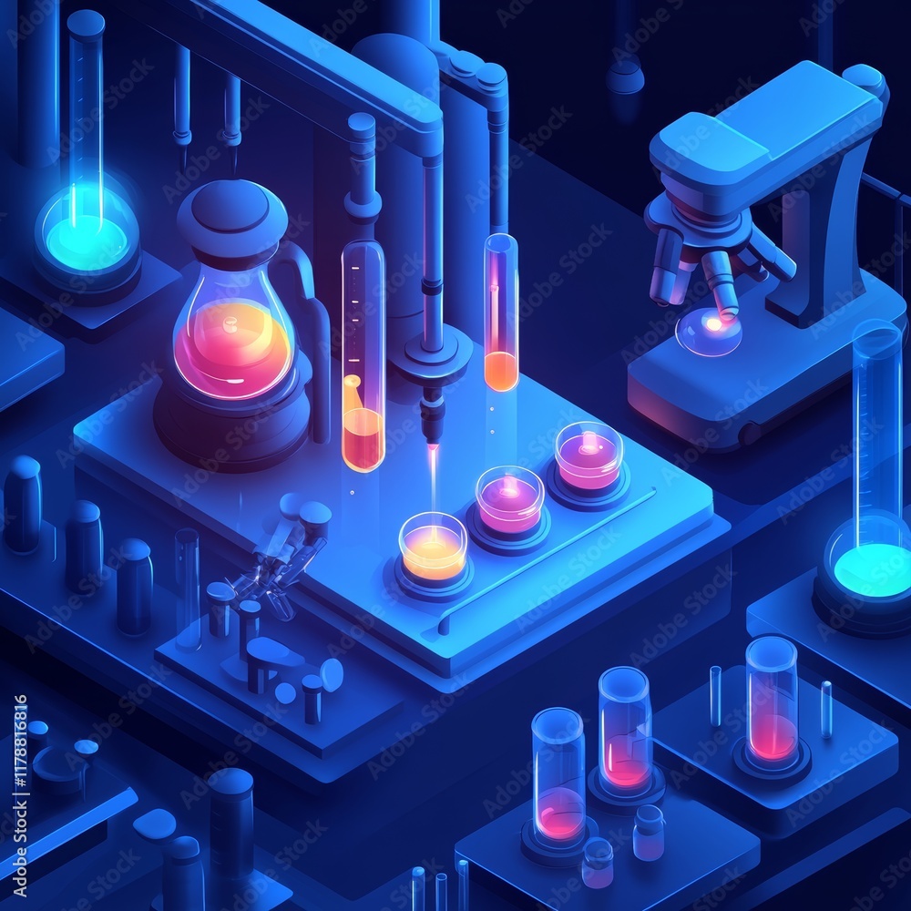 Aufkleber a blue and purple image of a lab with a microscope. there are three beakers on the table, one of whi