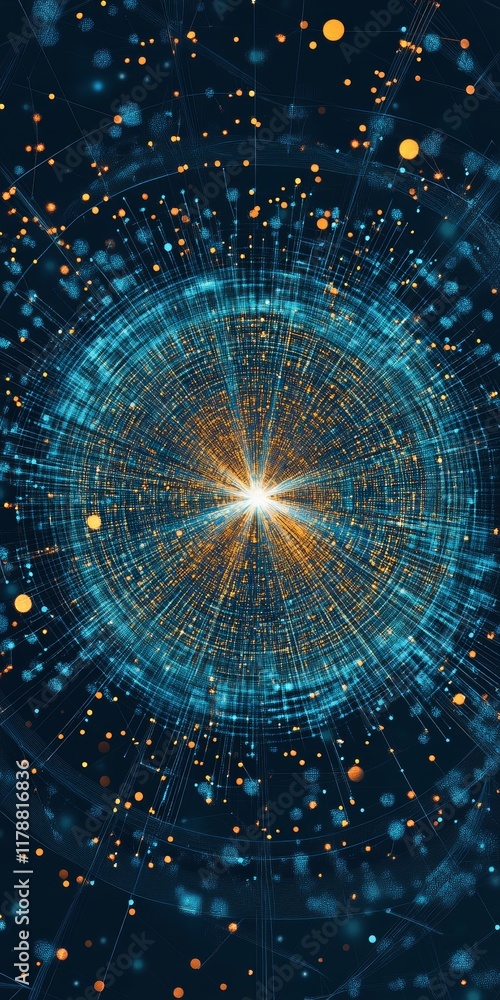 Poster vibrant circular data points radiating in intricate layout creating a pattern of colorful light effe