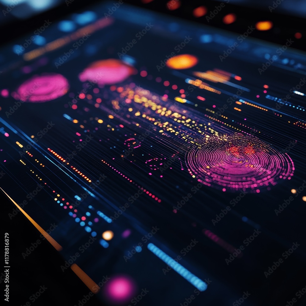 Poster close up view of digital touchscreen display showing colorful data visualizations and graphical inte