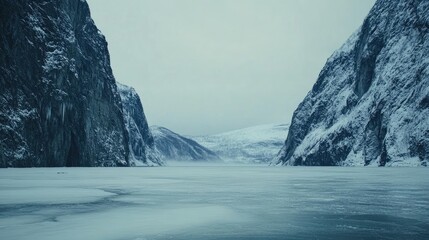 A breathtaking view of a frozen fjord, with towering cliffs and distant mountains dusted in snow.