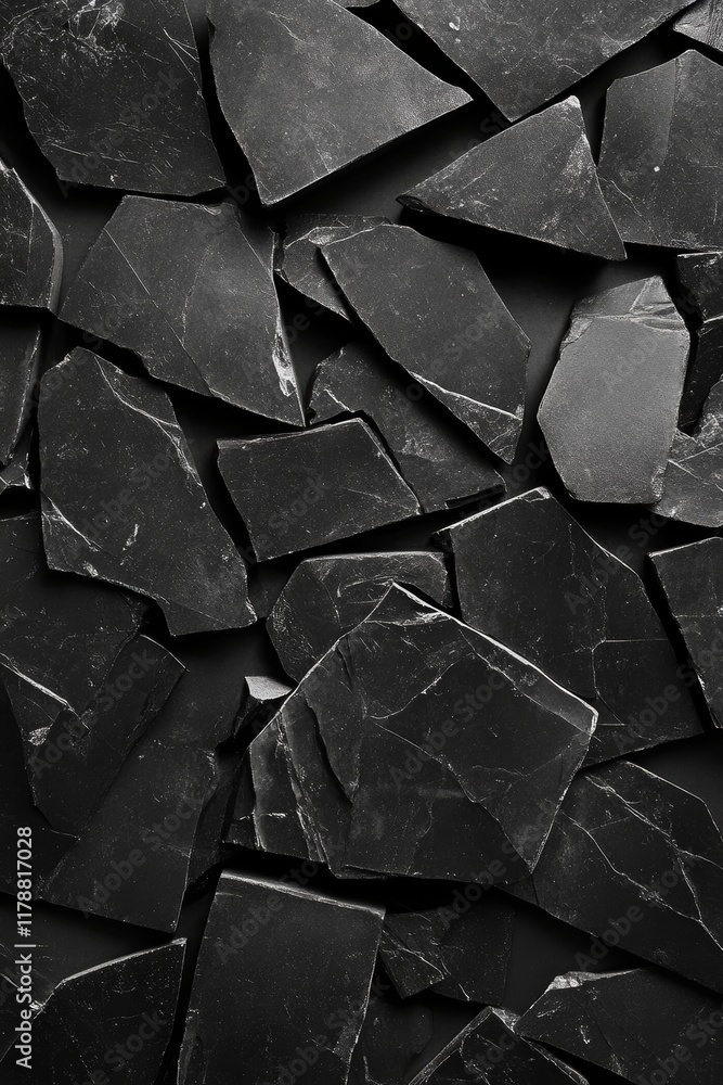 Poster high-resolution image of black slate stones with irregular shapes, perfect for backgrounds or textur