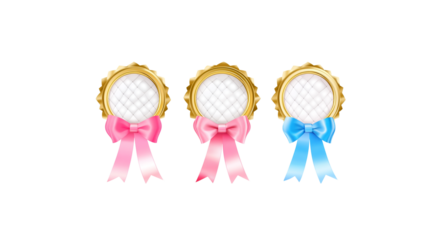 Set of 3 gold badges with ribbons It has a pink, blue, and white quilted surface in the center. Isolated on a white background