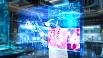 Professional doctor with VR headset analyzing and diagnosis brain anatomy holographic. Professional...