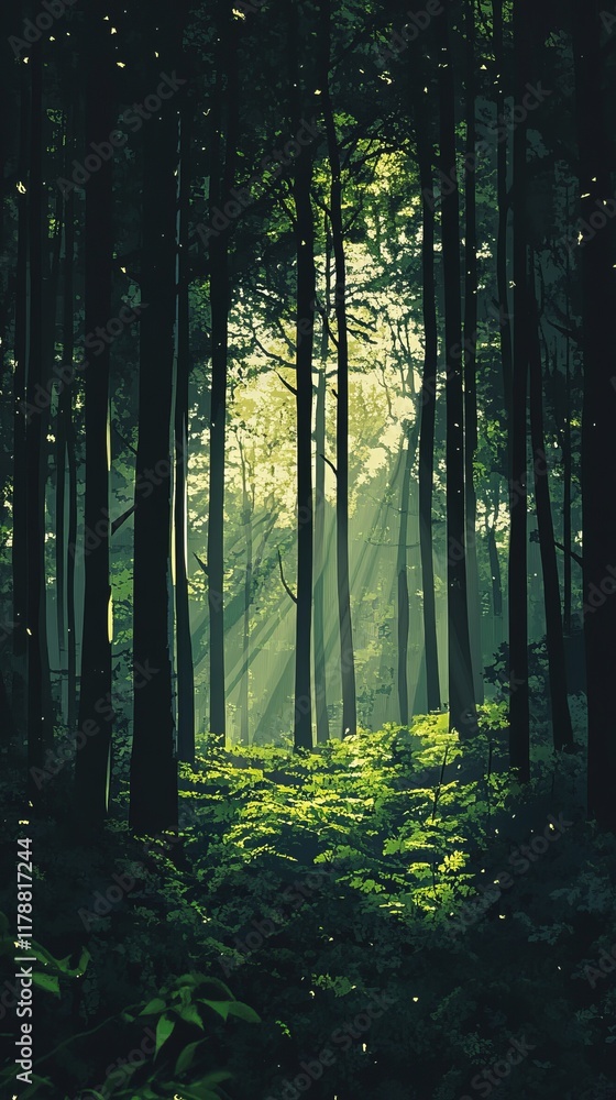 Poster a tranquil forest scene featuring sunlight filtering through tall trees, illuminating the lush green