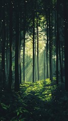 A tranquil forest scene featuring sunlight filtering through tall trees, illuminating the lush greenery and creating a serene atmosphere perfect for nature enthusiasts.