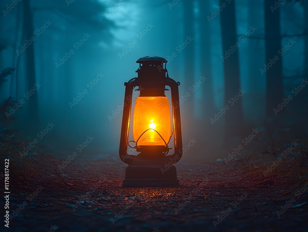 Poster solitary lantern casting warm glow on misty forest path with hidden shadows