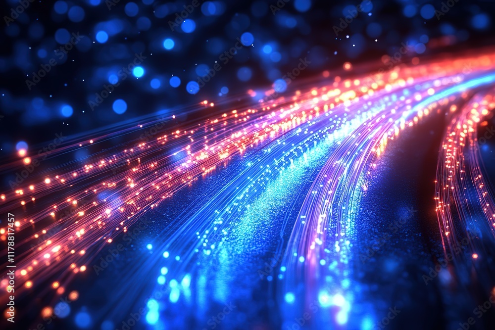 Poster an abstract technological background featuring a futuristic display of internet fiber effects, creat
