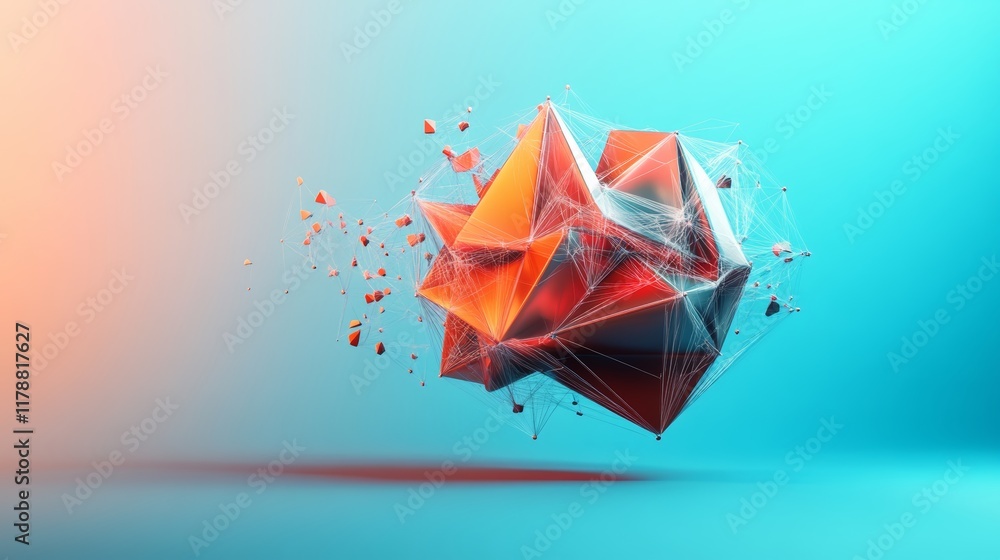 Poster a large red and white cube with a lot of red and orange pieces. it is floating in the air