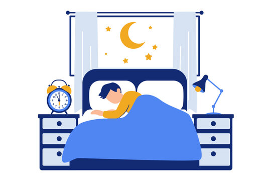 man sleeping in bed with alarm clock and night light